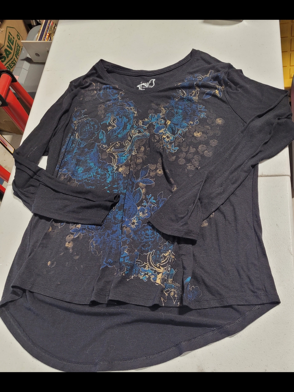 Just My Size Black Long-Sleeve Top with Blue and Gold Floral Print
